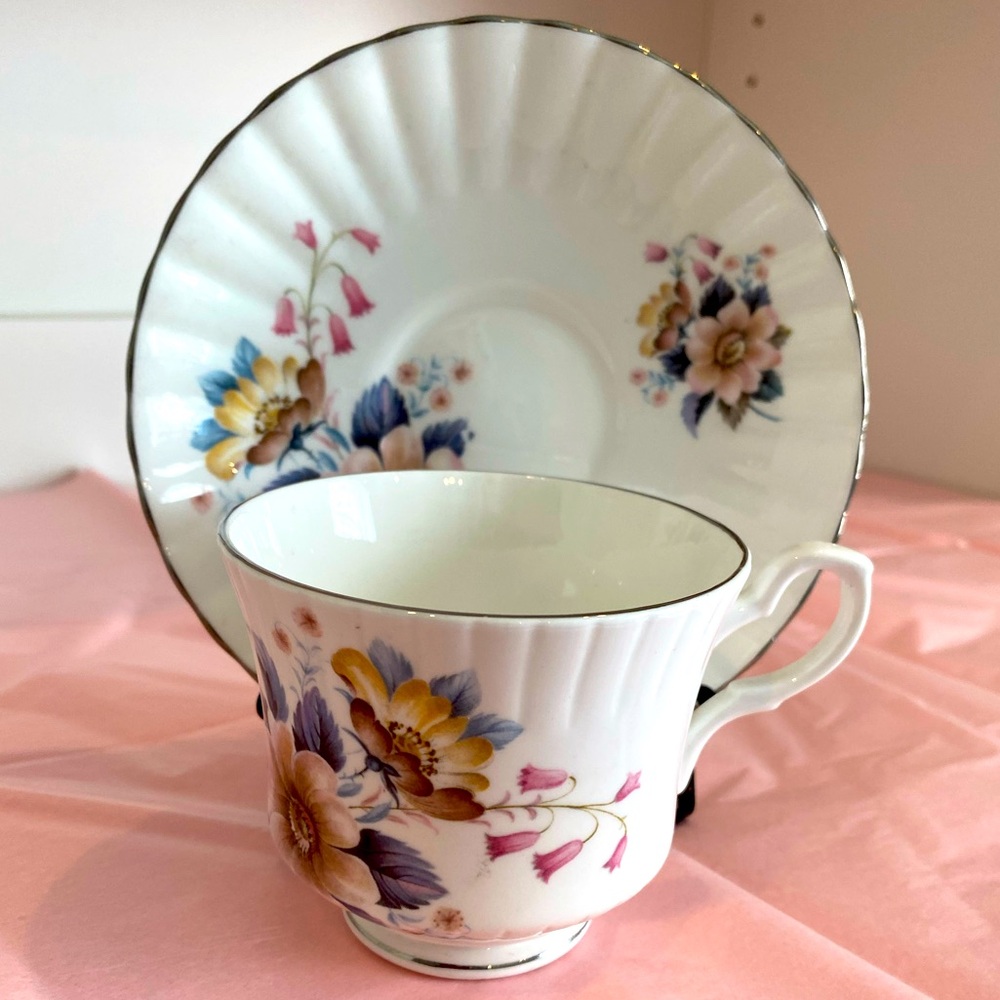 *Rare* Royal Stafford Fine Bone China Teacup and Saucer with Tan & Blue Florals